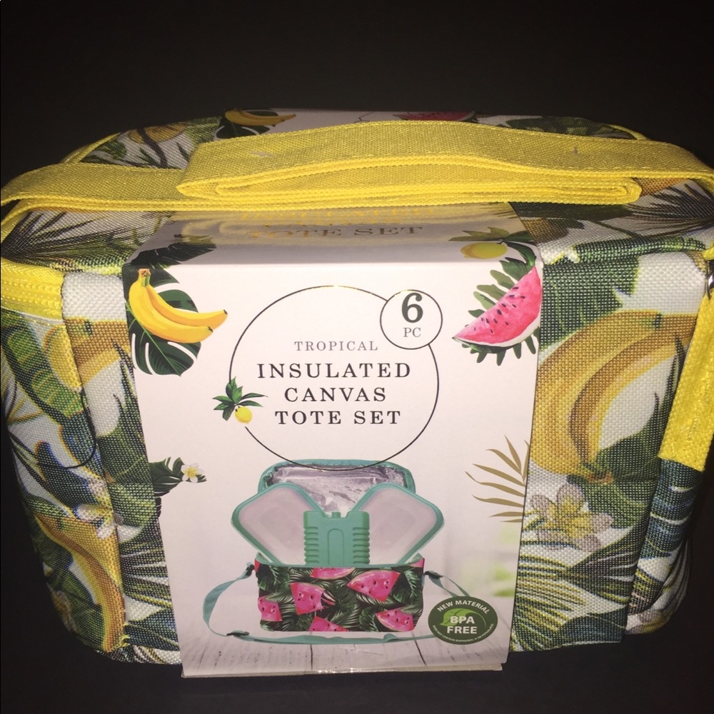 6pc Tropical Insulated canvas lunch tote bag